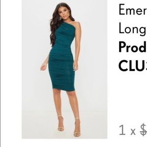 Emerald green slinky ruched one shoulder